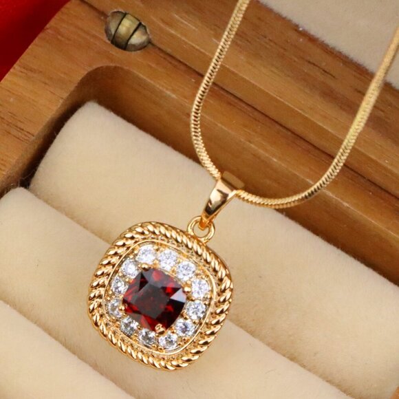 "Vintage Style Red Cushion Pendant with Crystal Halo Accents, XPPT1663 - Picture 1 of 13